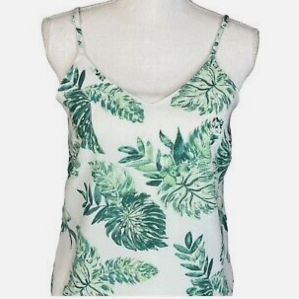 BeutifulJAPNA Womens tank style Blouse- Cami white w/ Green Leaves- SZ Med- EUC!